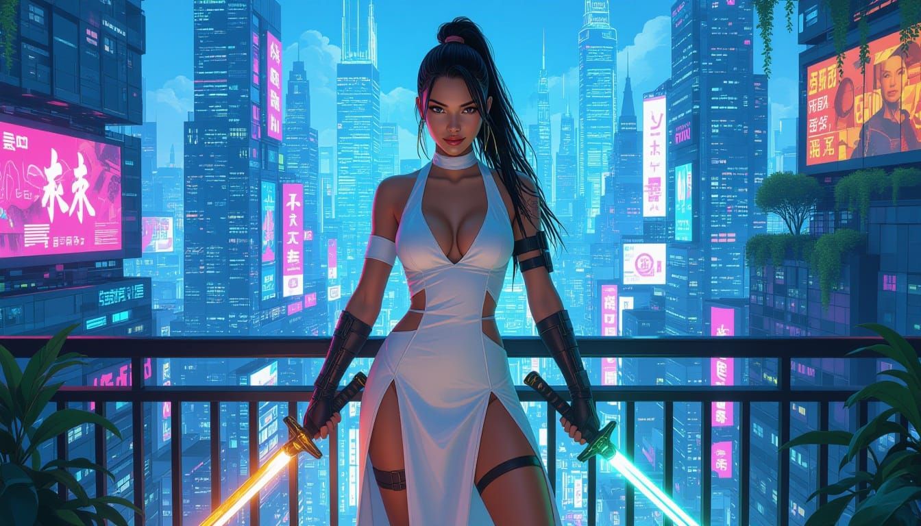 Cyberpunk Solar-Punk City Warrior with Glowing Swords