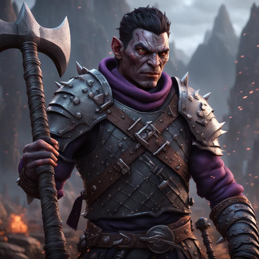 Young Half-Orc Warrior with Greataxe in Detailed Matte Paint...