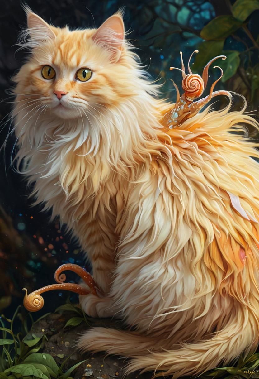 Golden-Eyed Kitty-Snail Hybrid in a Fantastical Environment