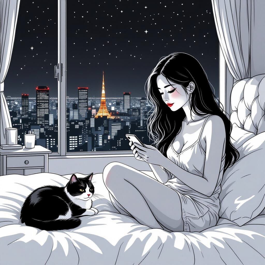 Japanese Woman and Cat Overlooking Shibuya in Line Art