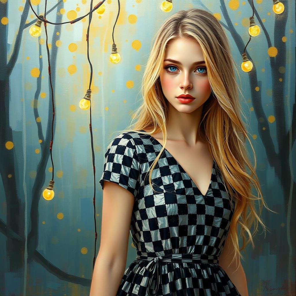 Dreamy Woman in Checkered Dress as Impasto Painting