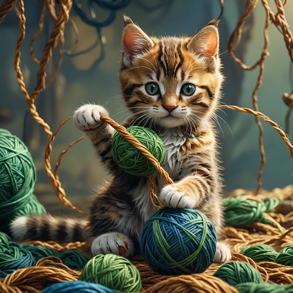 Kitten Plays with Yarn in Fantasy Art Style