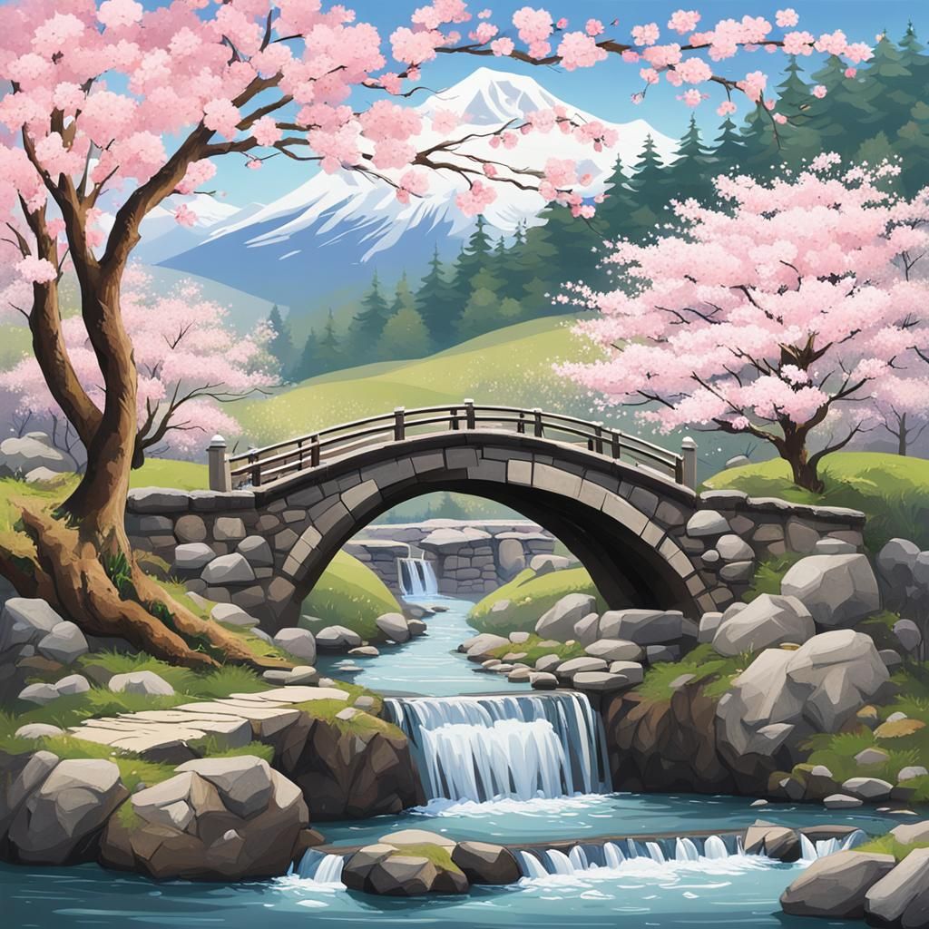 Snowy Mountain Scene with Cherry Blossom Bridge