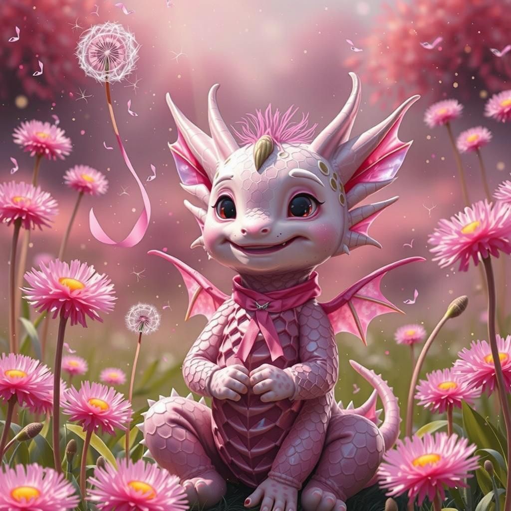Pink Dragon-Girl Making a Wish on Dandelion