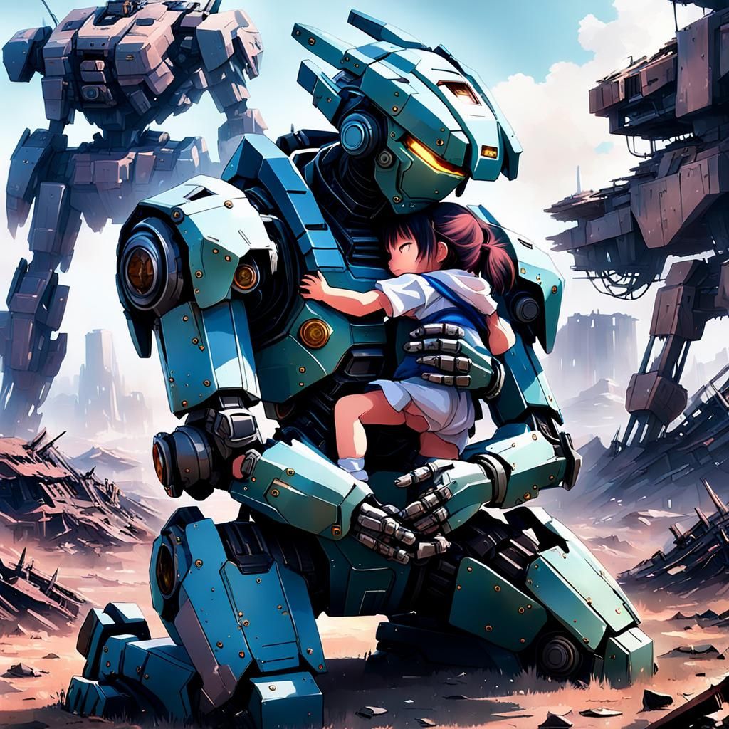 Mecha Cradles Girl in Post-Apocalyptic Anime Art
