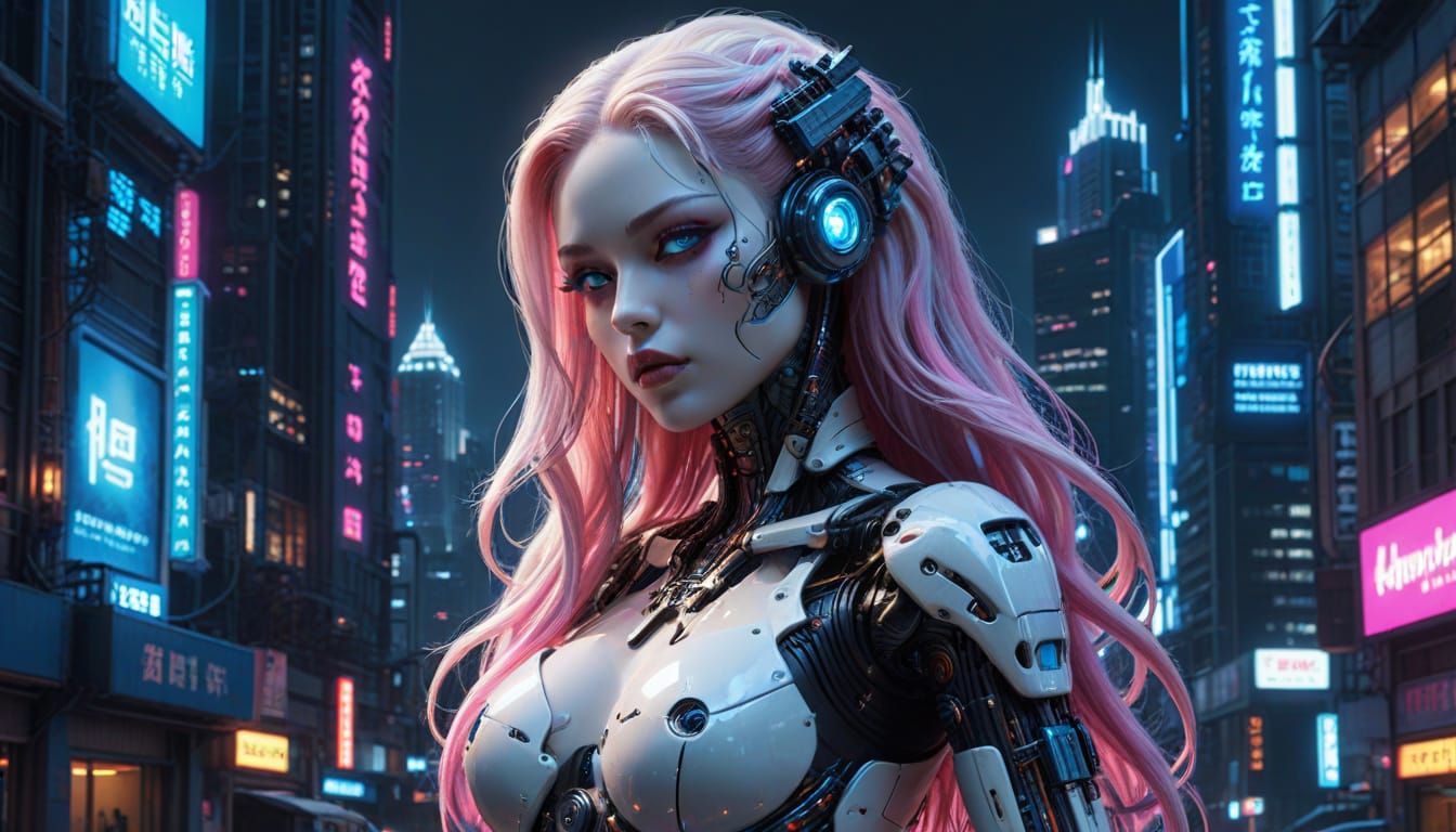 Terrifying Gynoid Cyborg in Cyberpunk City