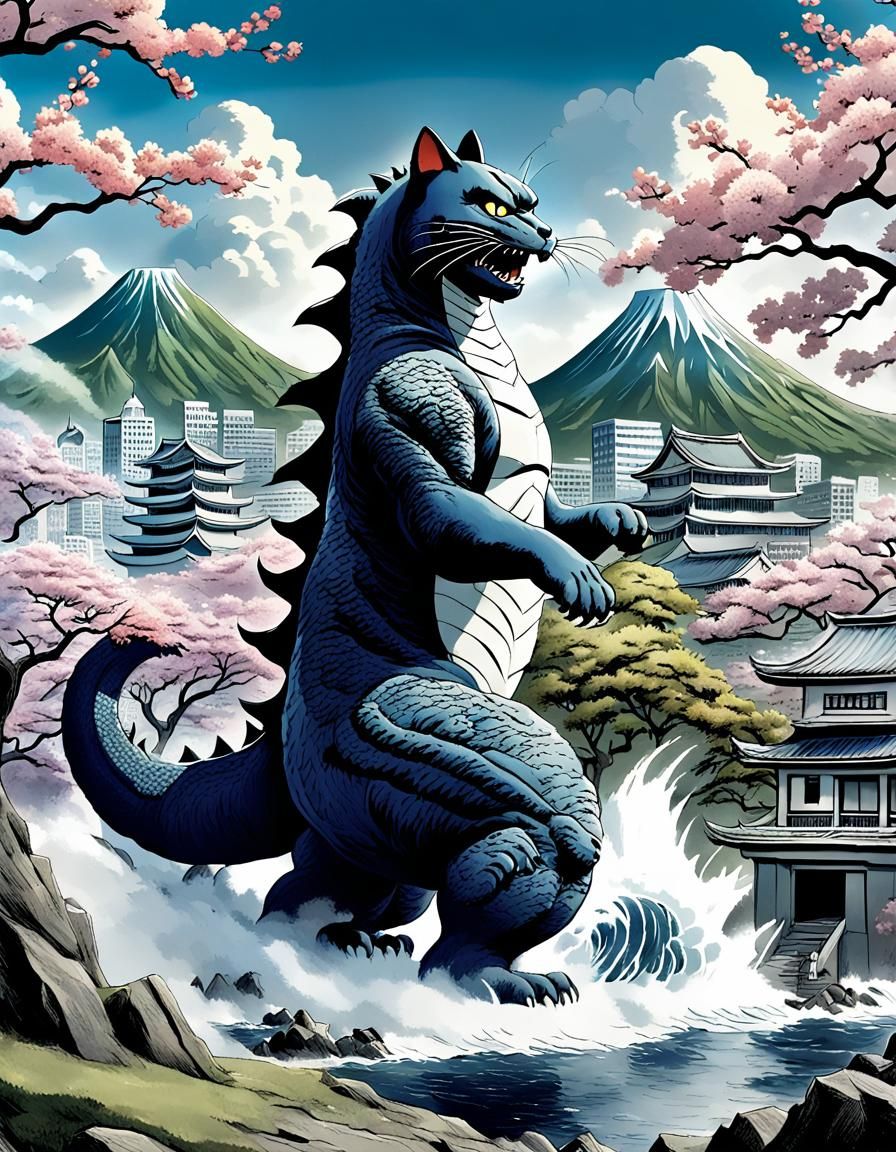 Cartoon Catzilla in Japanese Anime Style