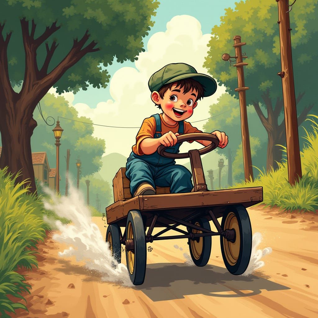 Vintage Comic Lad Speeds Down a Hill in a Ricketty Billycart