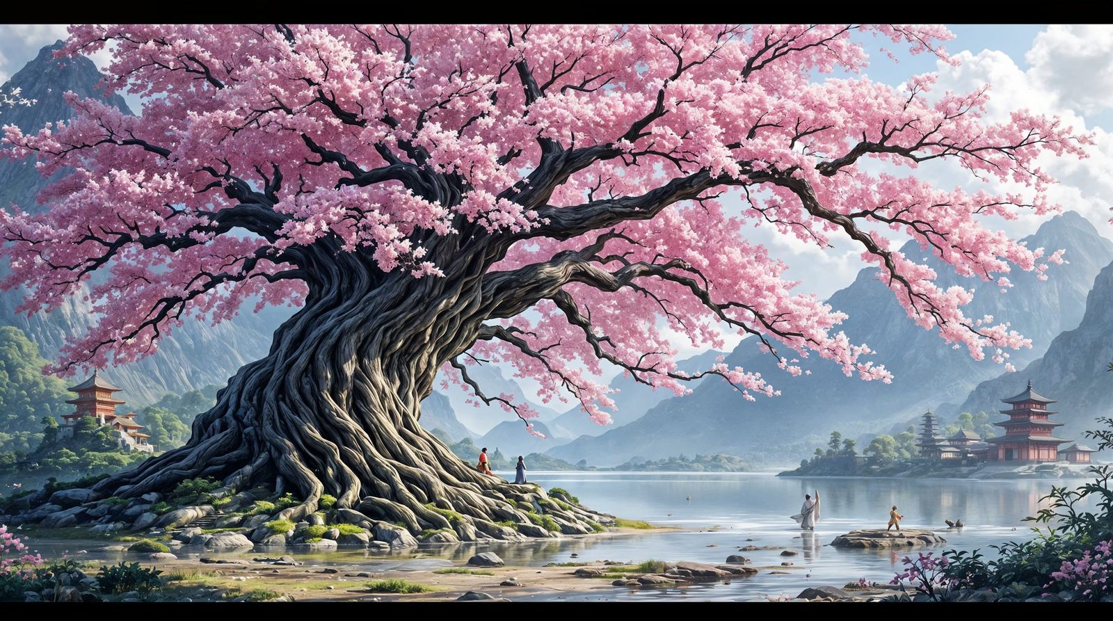 Ancient Sakura Tree Before Lake With Gods Fighting