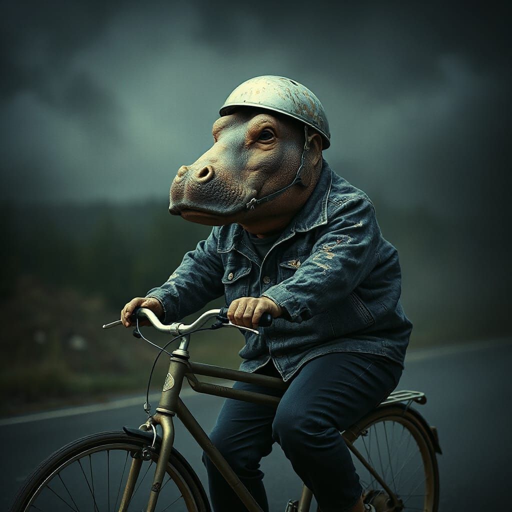 Hippopotamus Struggles on Vintage Bicycle in Dystopian Style