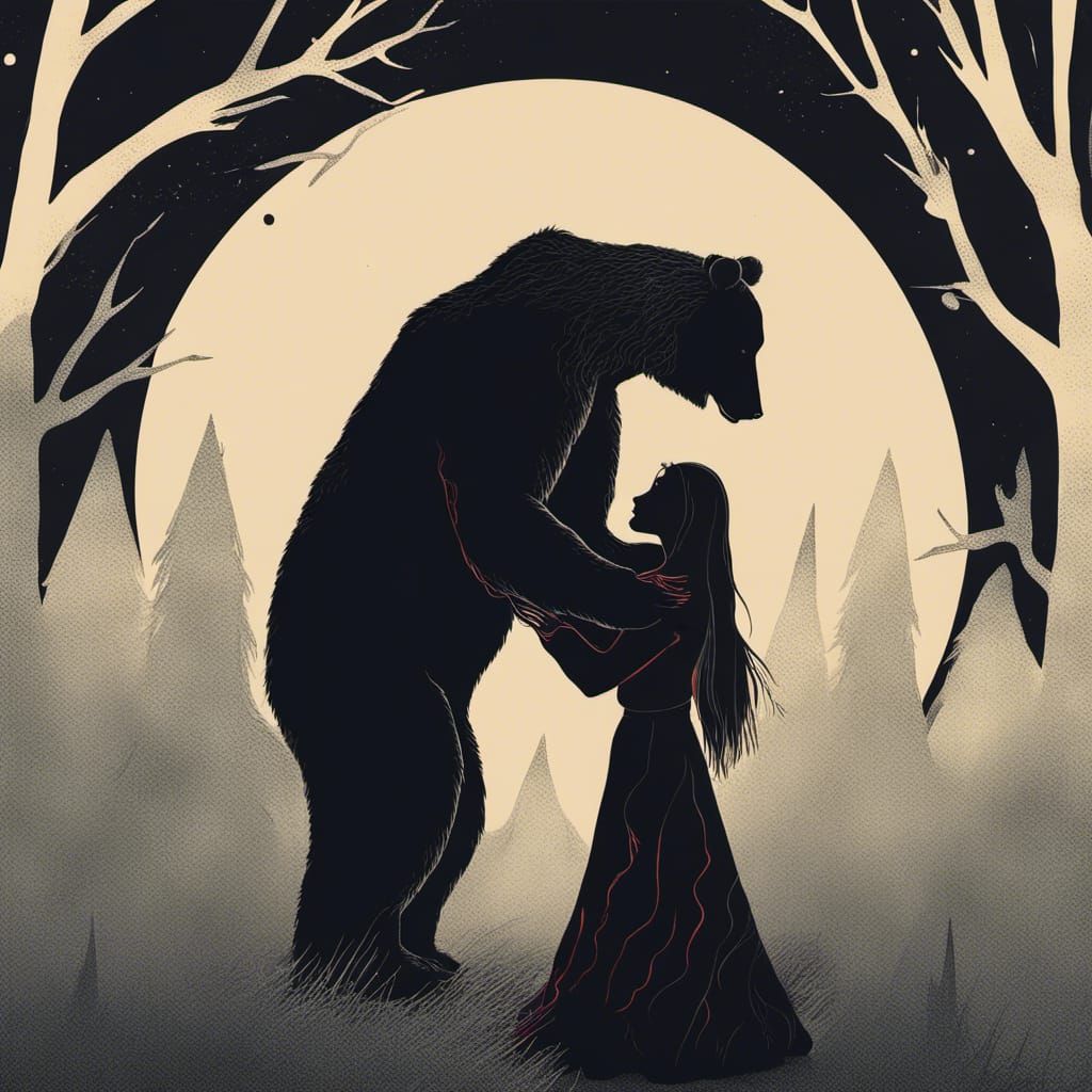 Minimalist Giant Bear Hugs Witch in Noir Style
