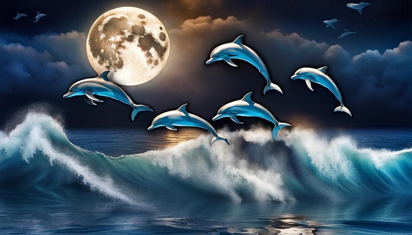 Dolphins Leap to Space Under Full Moon