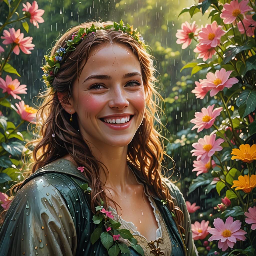 Joyful Woman in Fantasy Garden: Photorealistic Portrait