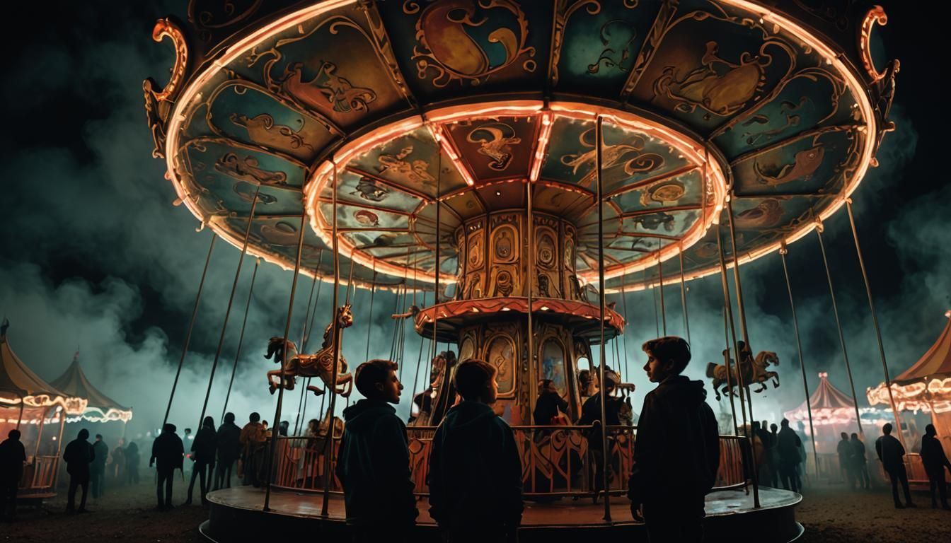 Eerie Carnival: Two Boys in Surreal Neon Dreamscape