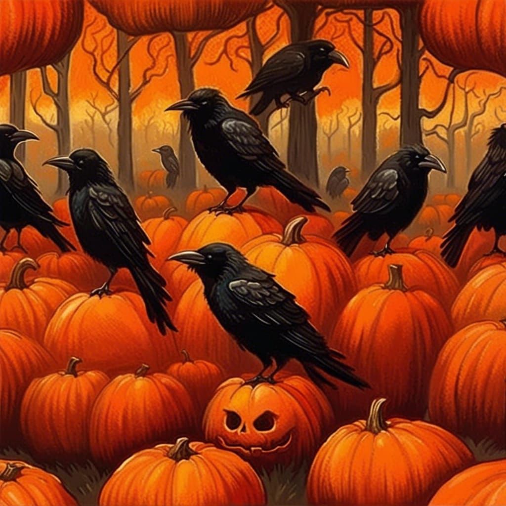 Sinister Crows in Autumn Pumpkin Patch