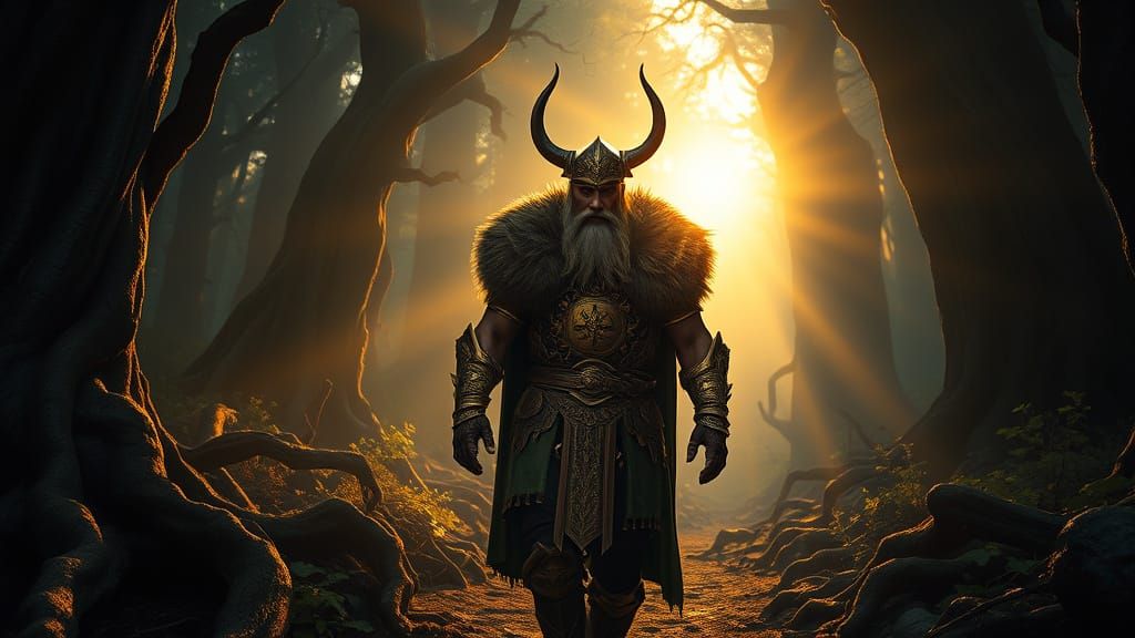 Viking King Walks Toward Golden Light in Dense Forest