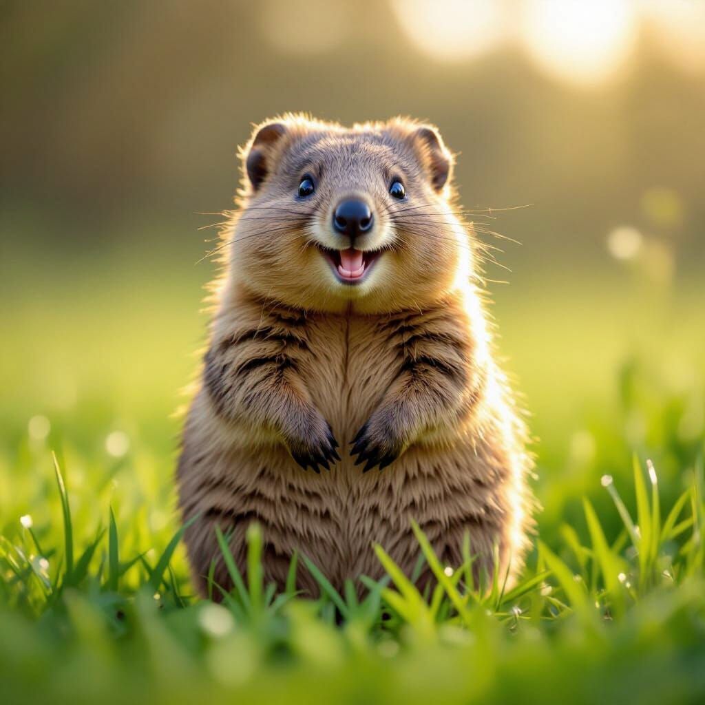 Smiling Fat Quokka in Lush Field