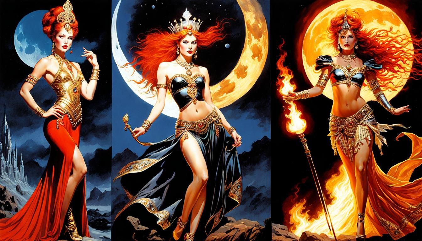 Art Nouveau Redhead Flame Dancer in Moonlight