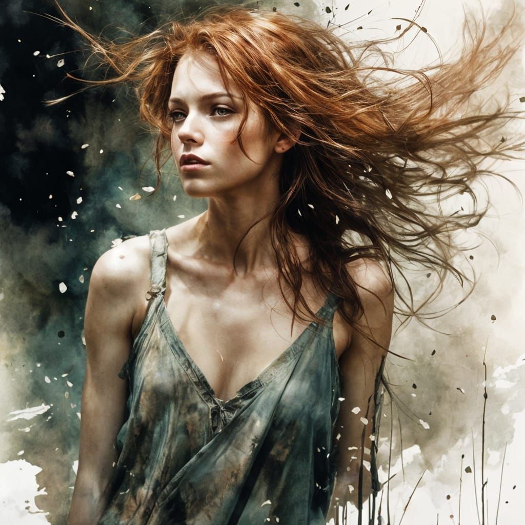 Auburn hair windswept.