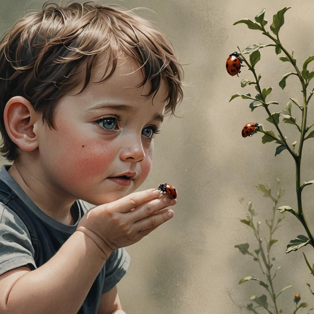 Little Boy Watches Ladybug Take Flight