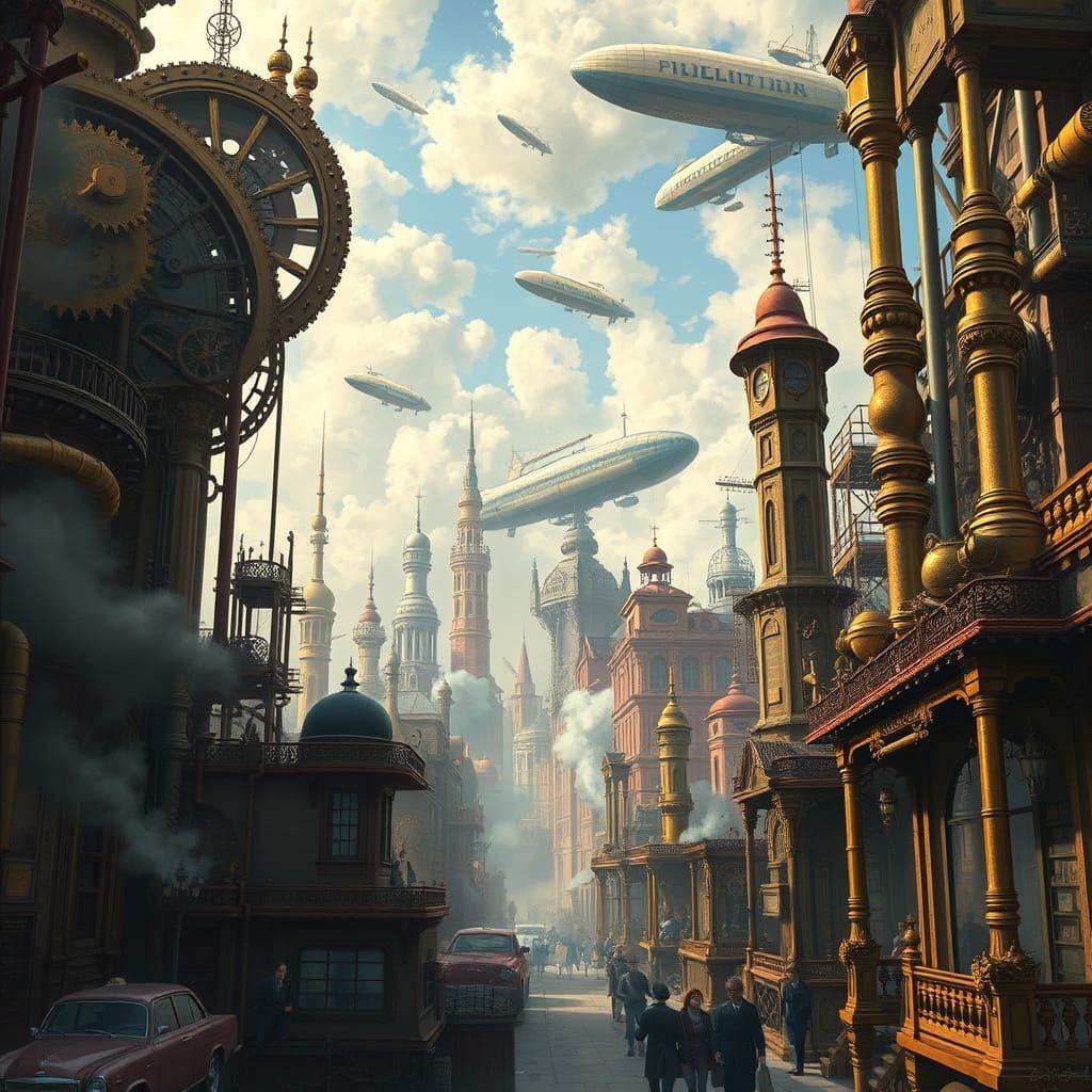 Steampunk Cityscape with Airships in Digital Art Style