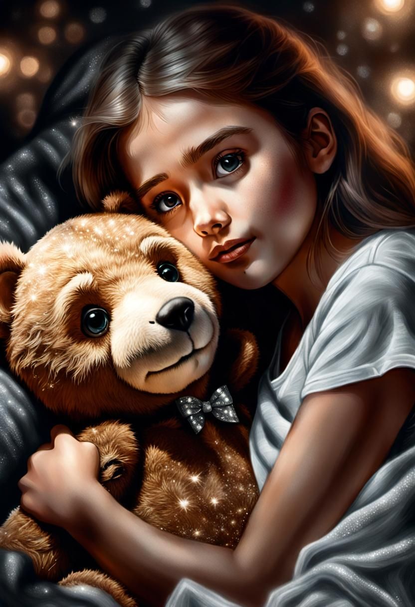 Girl with Teddy Bear: Hyperdetailed Charcoal Drawing