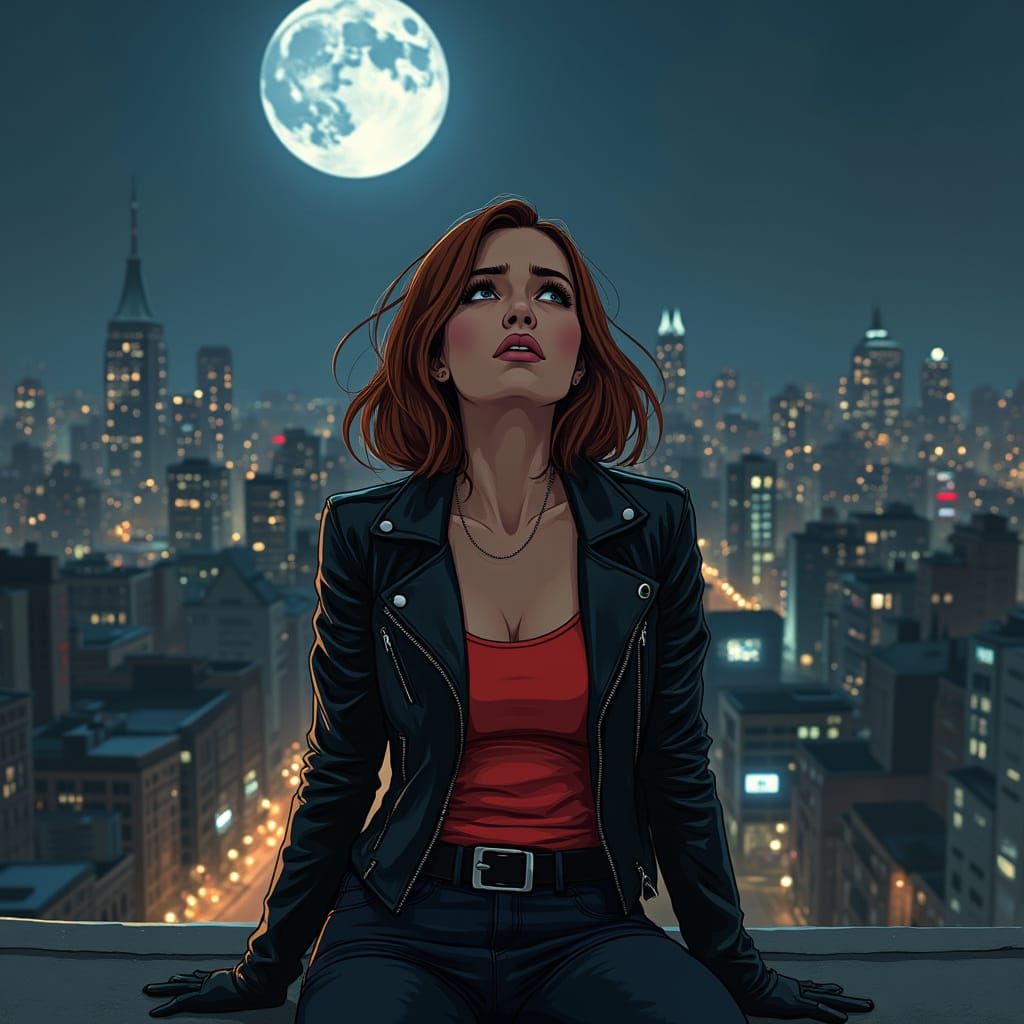 Young Woman Contemplates Moonlit Cityscape in Moody, Atmosph...