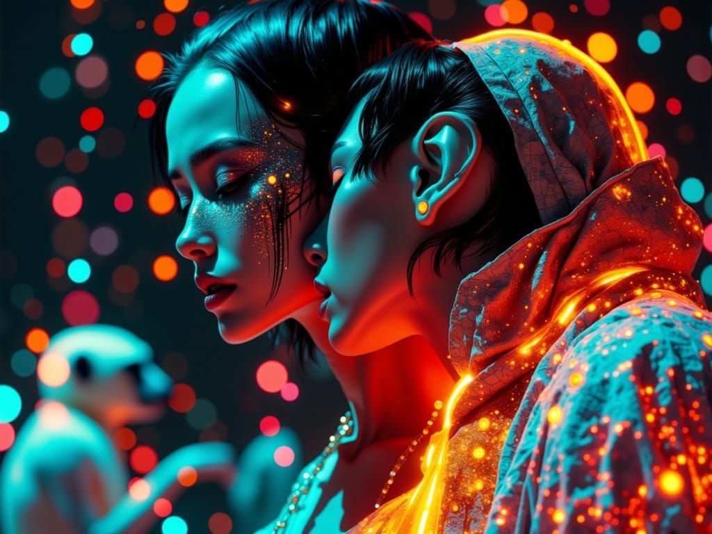 Cyber Nordic Princess Interacts with Polar Monkey in Vibrant...