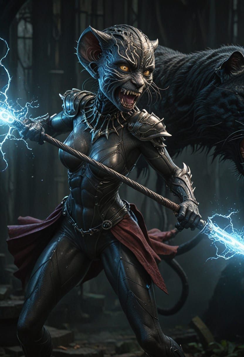 Panther Hybrid Anime Waifu Strikes with Electric Magic