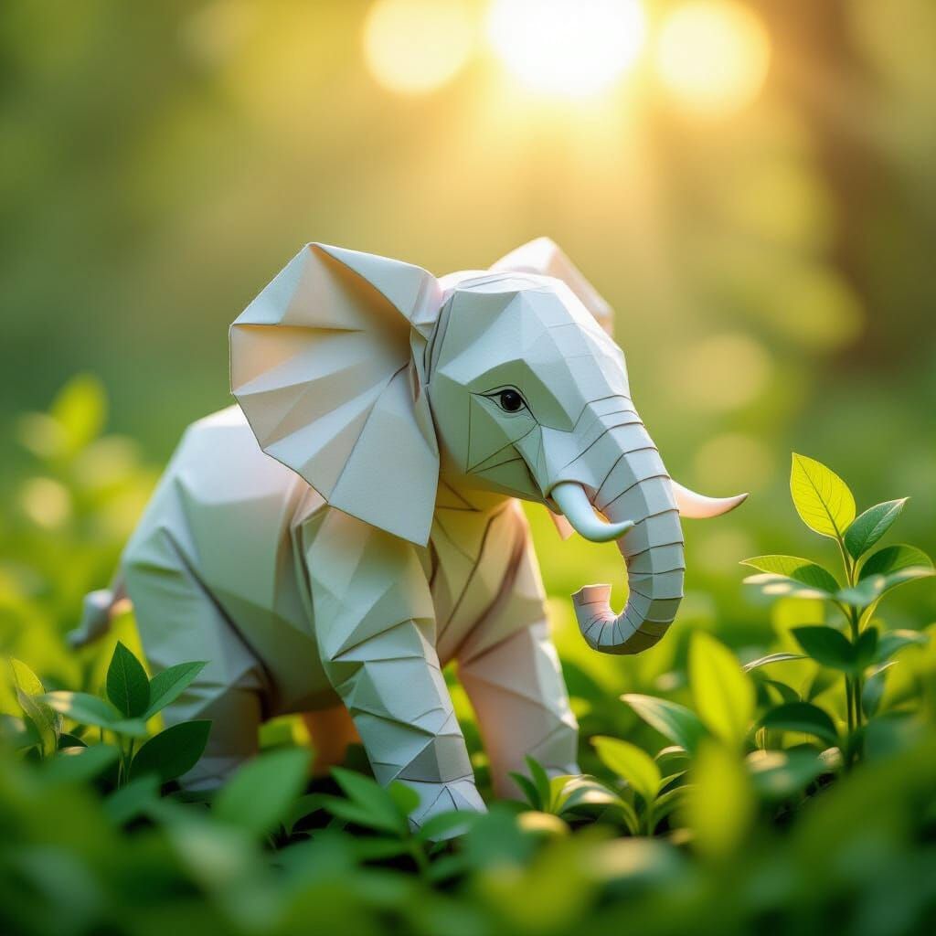 Vibrant Origami Elephant in Impressionist Landscape