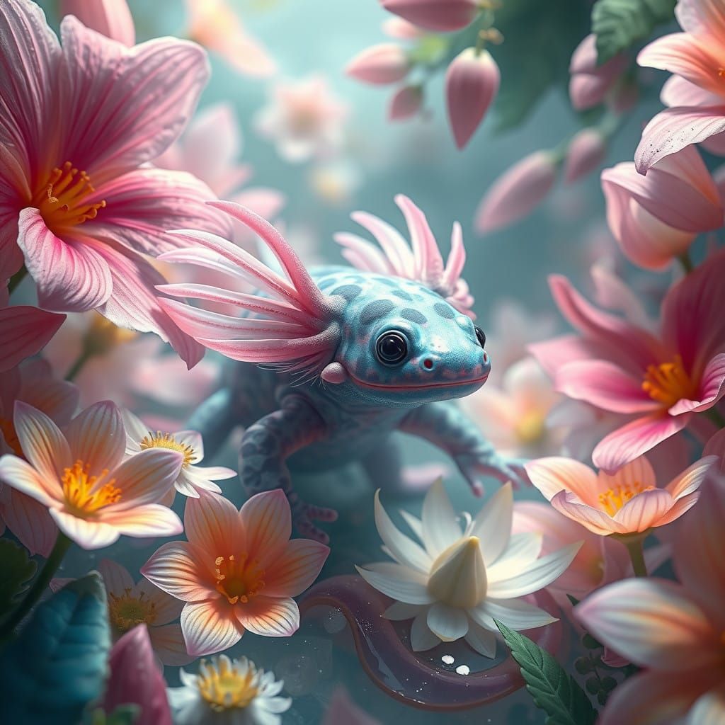 Dreamlike Axolotl Enveloped by Vibrant Exotic Blooms