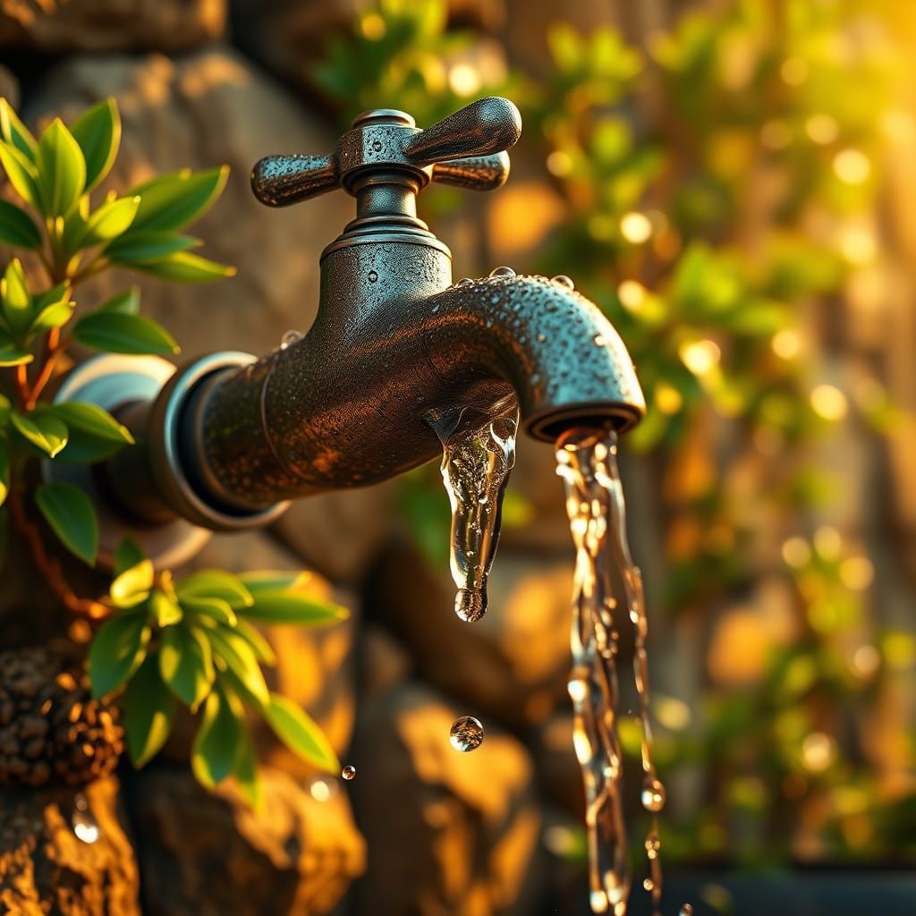 Garden Faucet with Gentle Water Flow in a Sun-Drenched Oasis