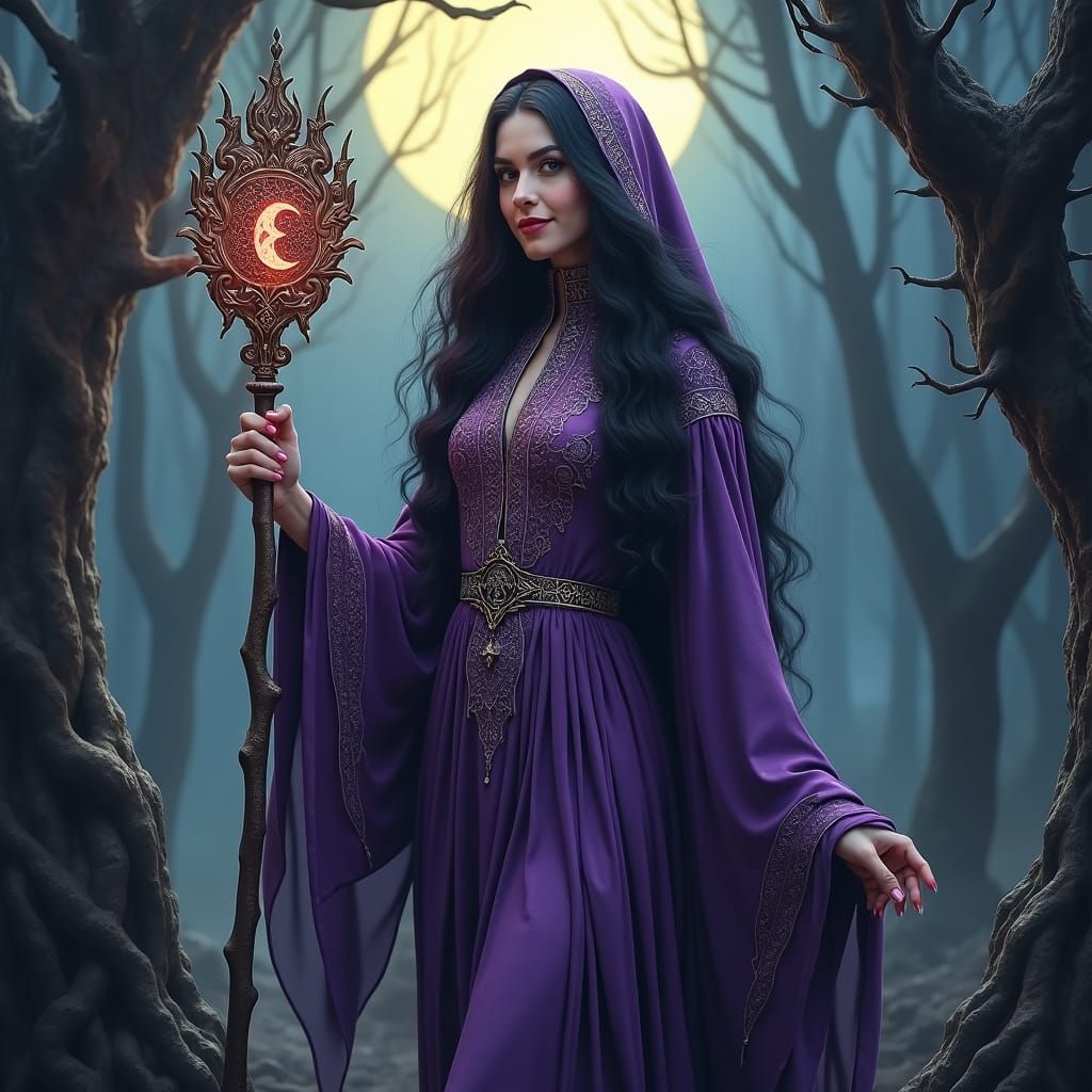 Mystical Witch in Moonlit Forest: A Dark Fantasy Portrait