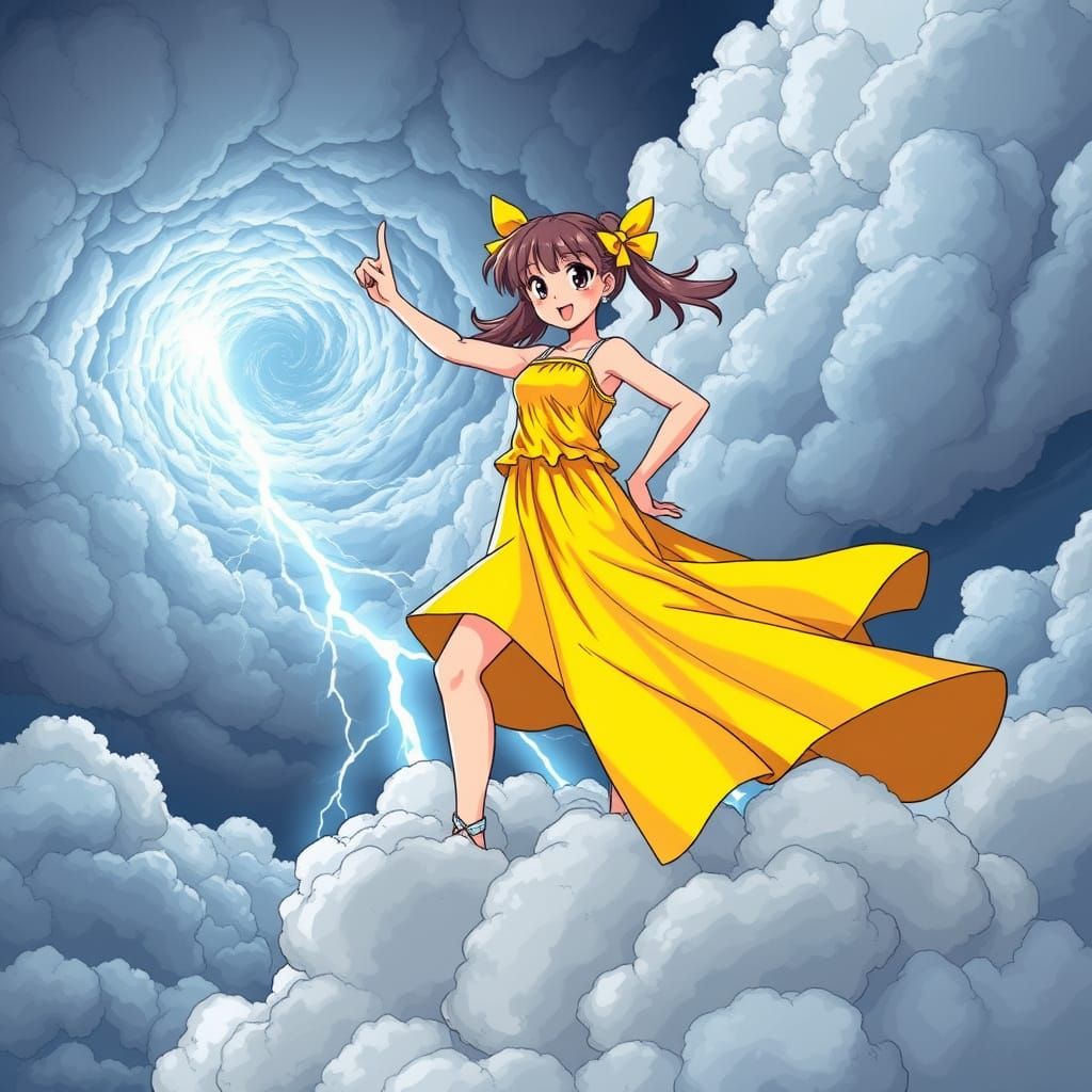 Manga-Style Magical Girl Summons Lightning on a Thundercloud