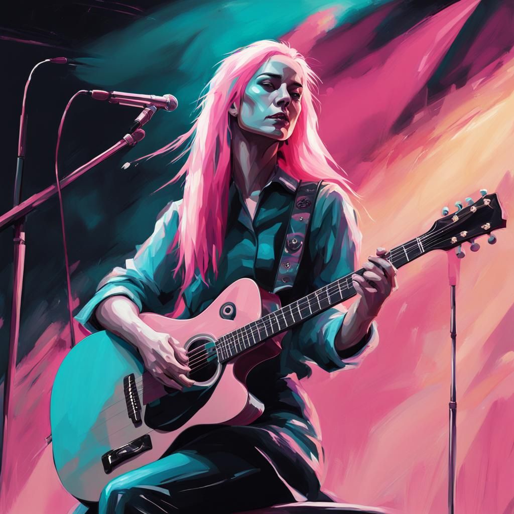 Woman with Pink Hair Playing Guitar on Stage