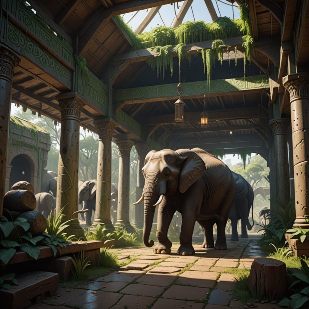 Elephant Stables Interior with Carved Posts in Flat Color