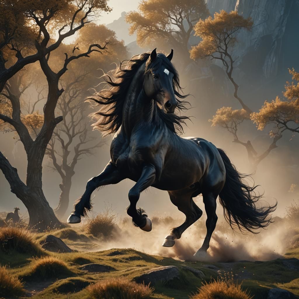 A big black 4 legged  Friesian horse stallion, its long mane...