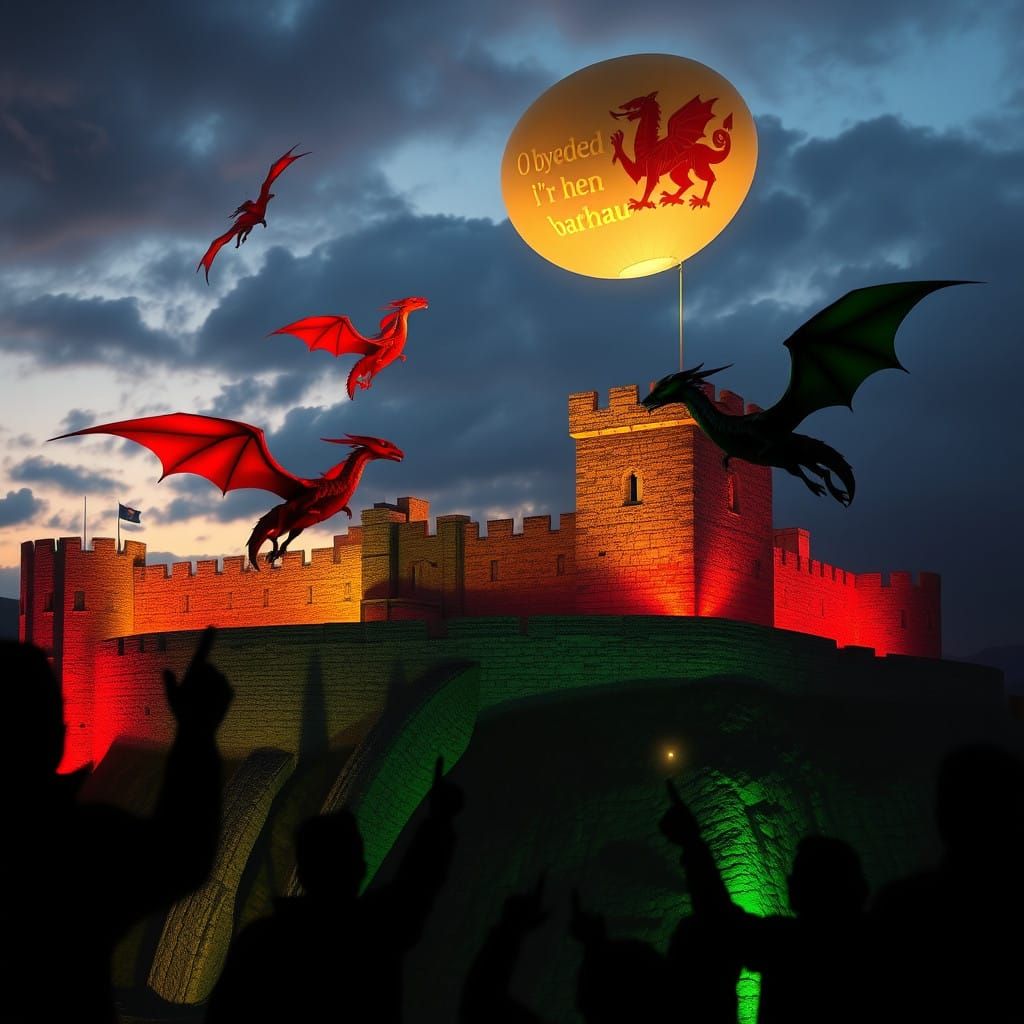 Welsh Dragons Soar Around Caernarfon Castle at Night