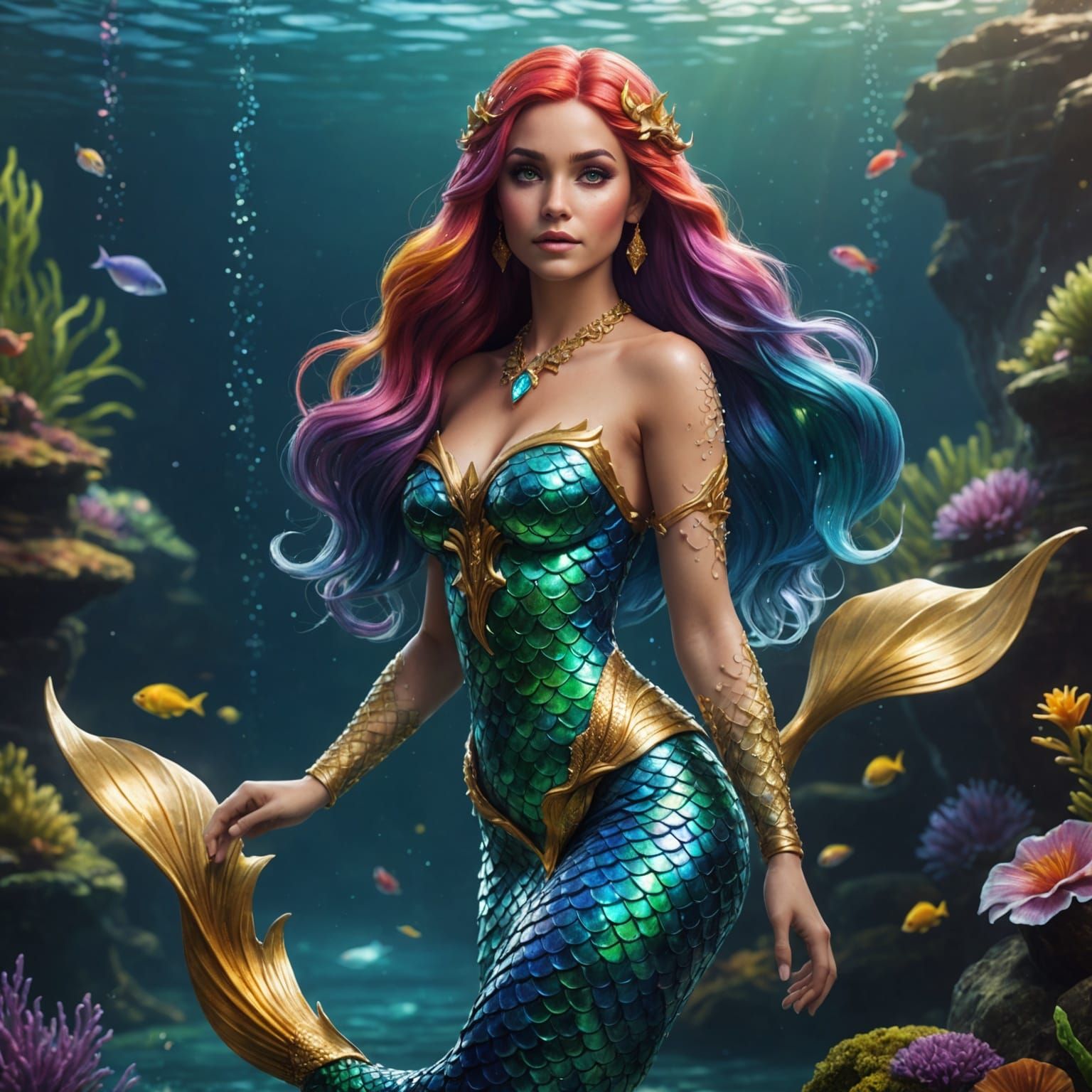 Rainbow Mermaid with Gold Scales: Fantasy Art