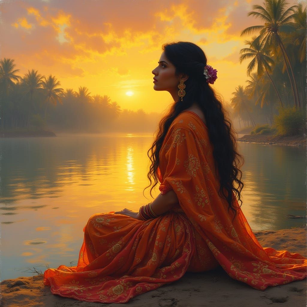 Serene Indian Woman at Sunset in Raja Ravi Varma Style