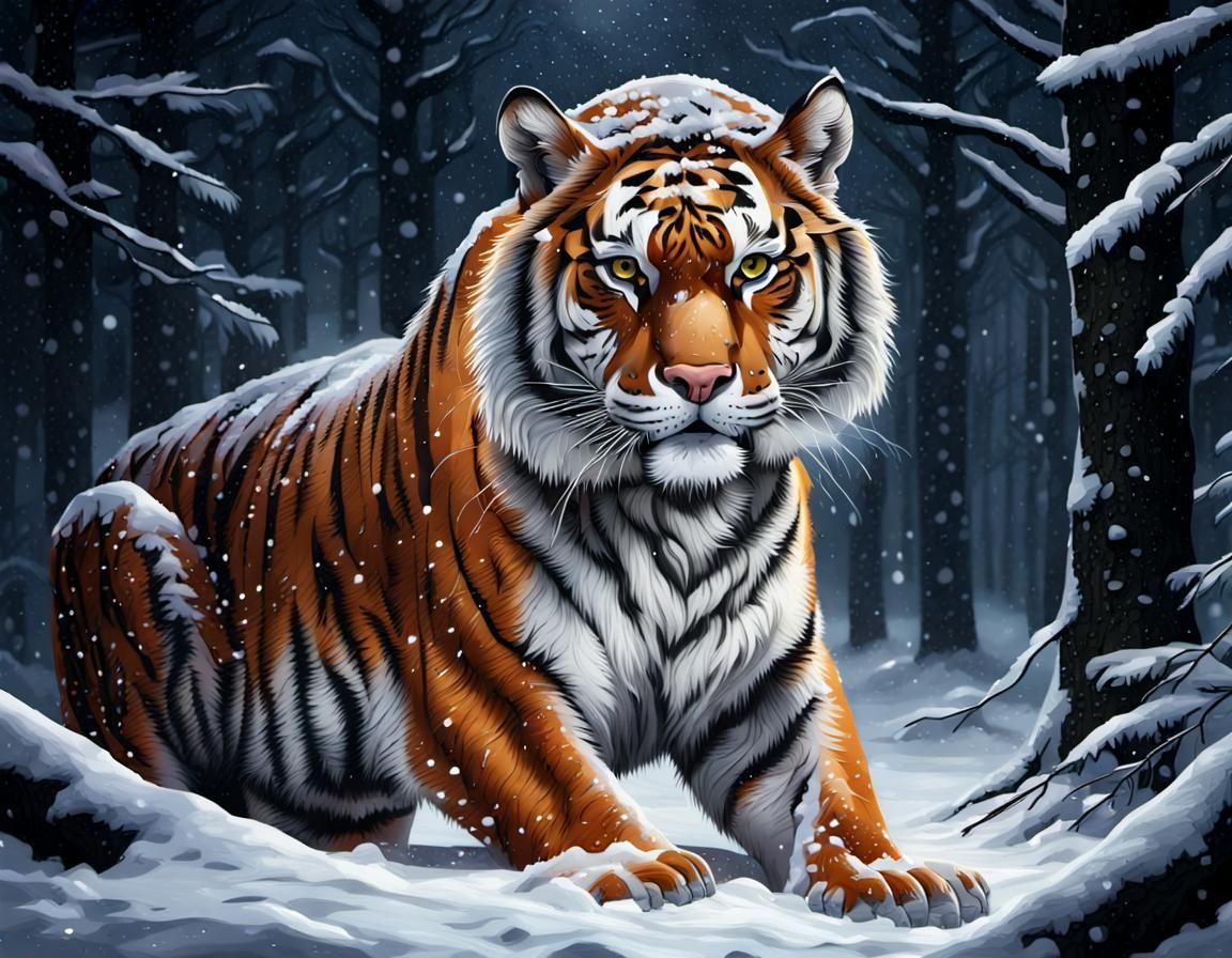 Siberian Tiger in Snowy Forest at Night