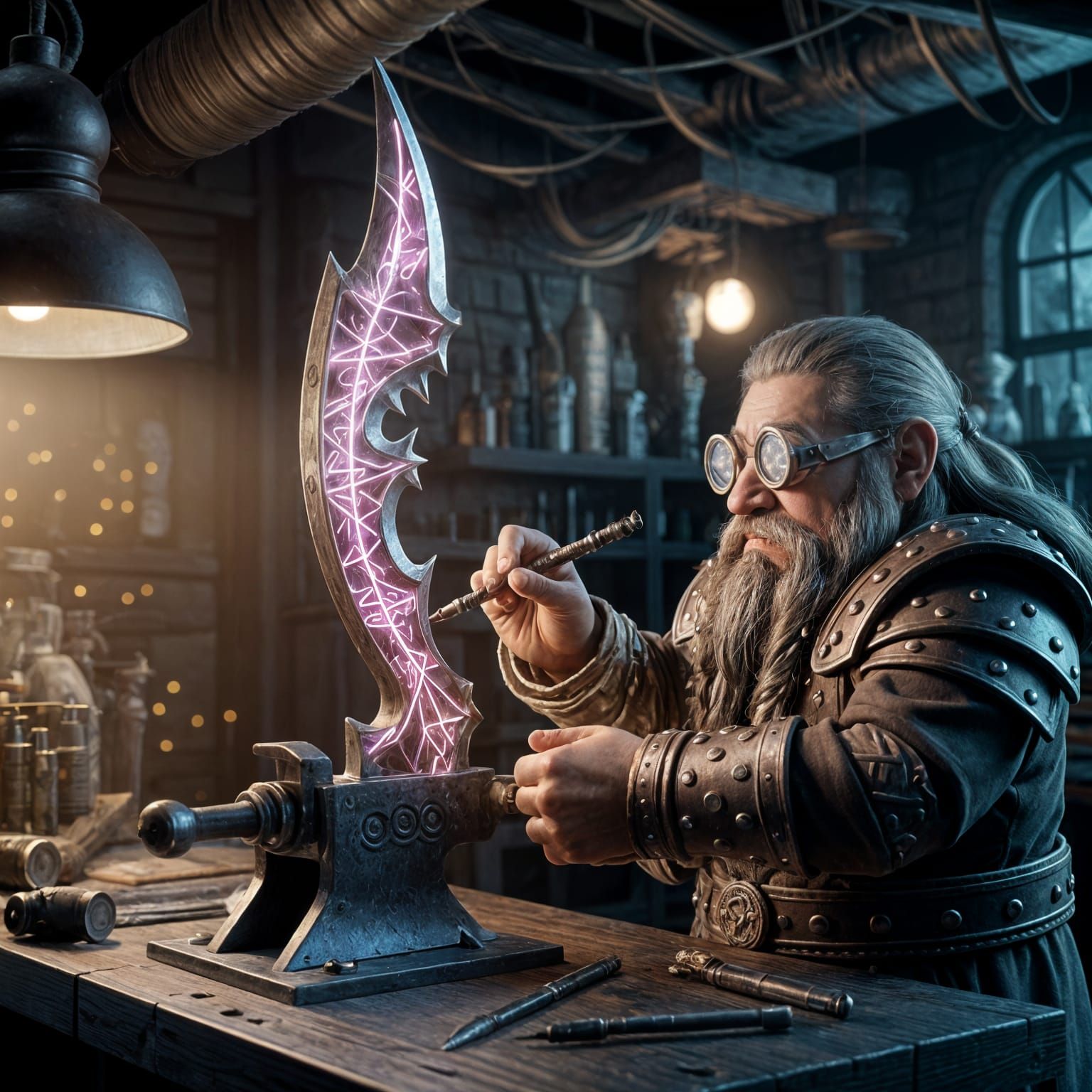 Dwarf Inventor Engraves Arcane Runes on Shimmering Battle Ax...