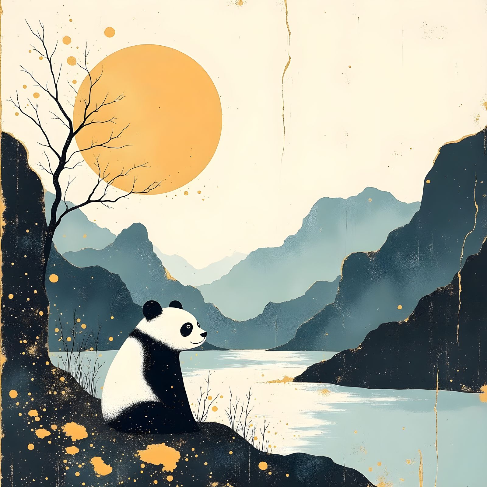 Pensive Panda in Serene Traditional Ink Painting Landscape