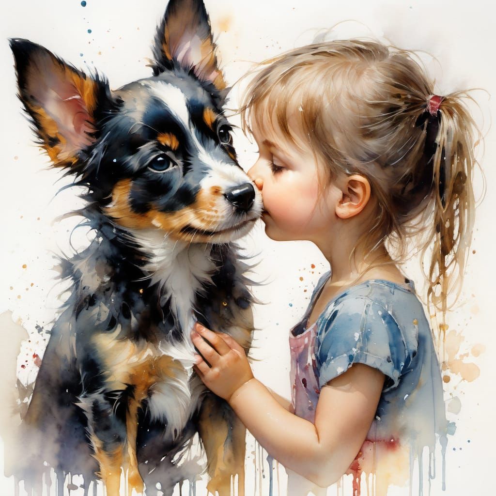 Touching Watercolor: Child and Puppy Nose to Nose