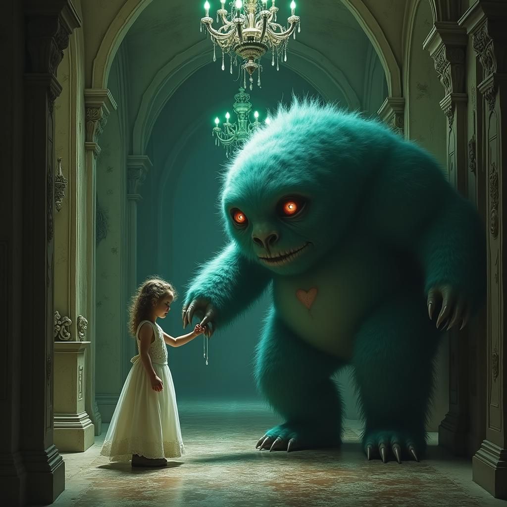 Girl and Alien Hand-in-Hand in Victorian Hallway