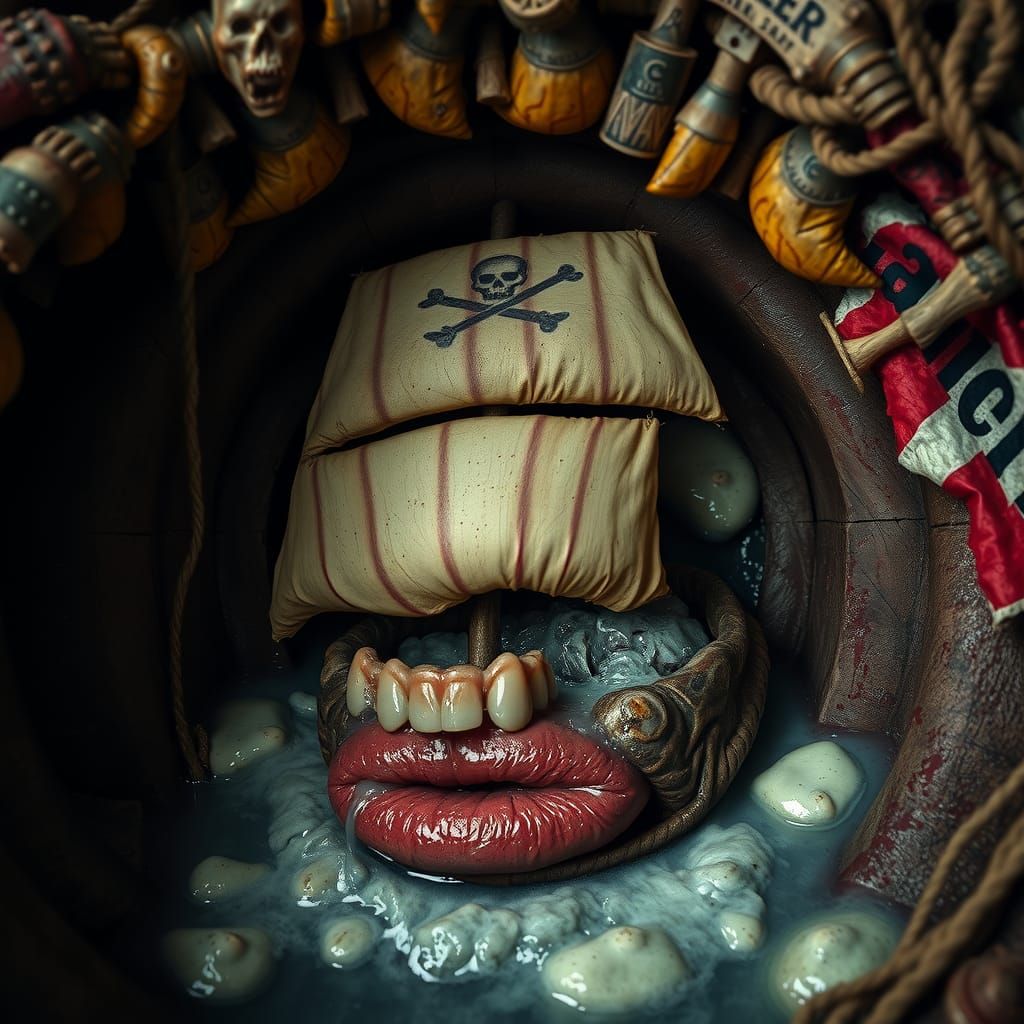 Sailing Ship Navigates Decaying Mouth in Surrealist Style