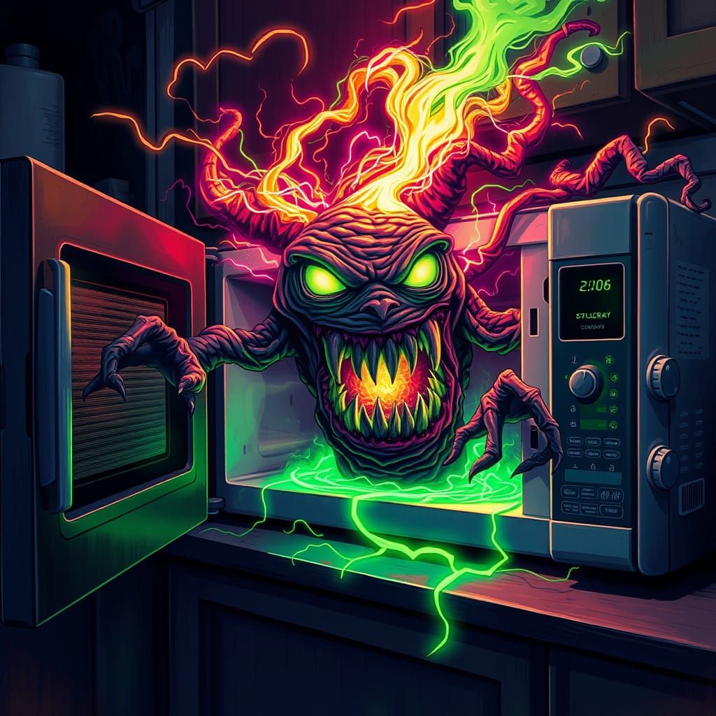 Eerie Microwave Monster Nightmare Halloween Art