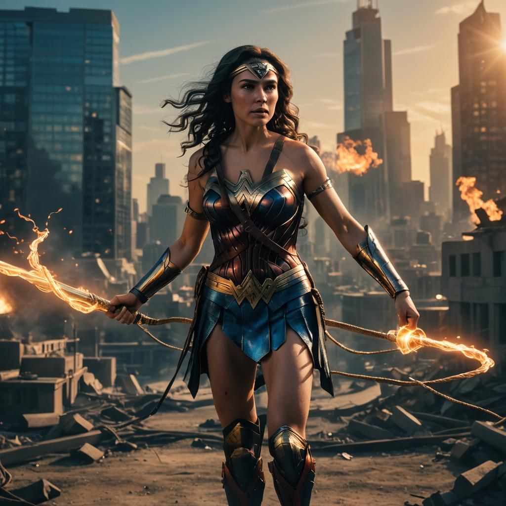 Wonder Woman in Burning Cityscape, Cinematic Film Still