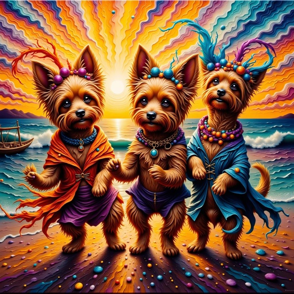 Sunset shenanigans!  These three stylish Yorkies are ready to party.