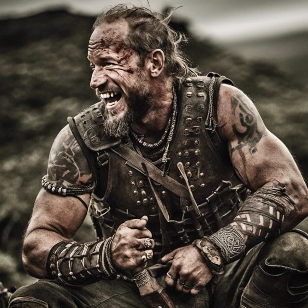 Viking Warrior Screaming in Battle with Tribal Tattoos